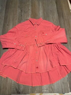 Free People Pink Dylan Babydoll Denim Button Down Long Sleeve Shirt